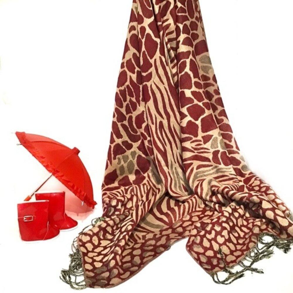 Animal Print Scarf 76X28” Fringe Shawl Scarf or Wrap Tan Brick Red Retro Chic
